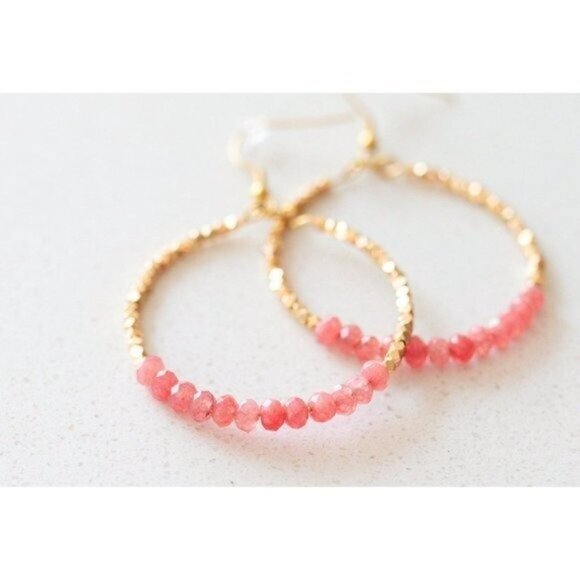 Red Jade Pink Sparkly Gold Beaded Earring Gemstone dangle hoops vacation jewelry - Picture 3 of 10